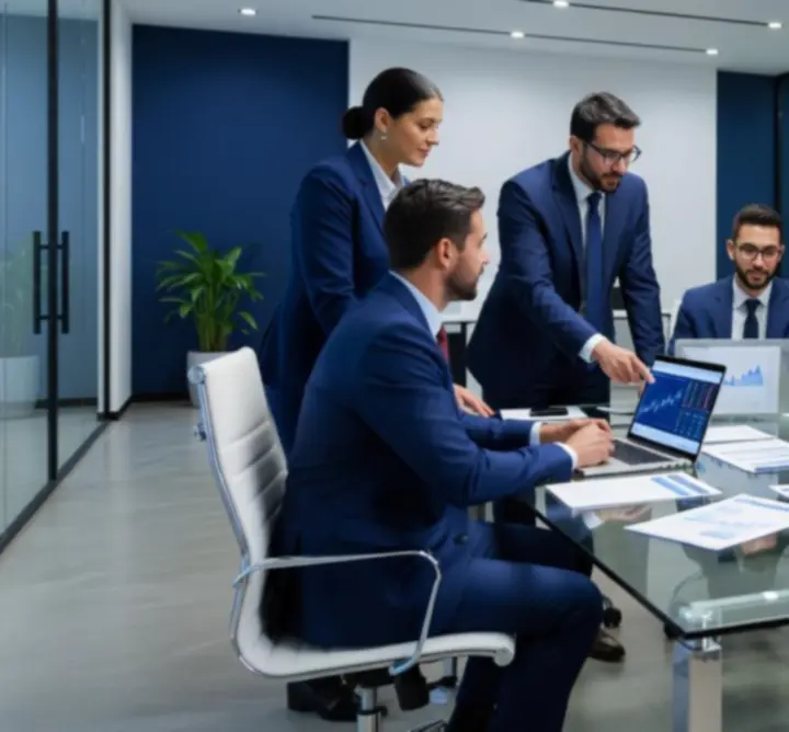 Accountants collaborating in a modern office, reviewing financial statements on screen