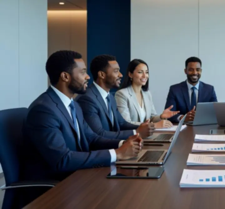 Corporate leaders in a meeting reviewing financial performance reports