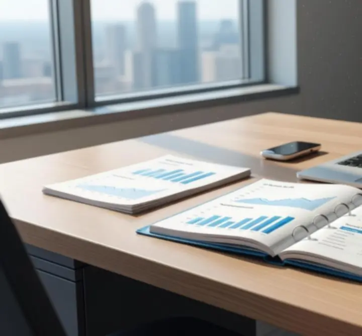 Modern financial workspace with organised documents and digital reporting screens