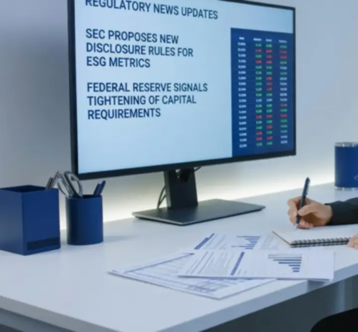 Financial professional reviewing regulatory news on a desk with reports and devices