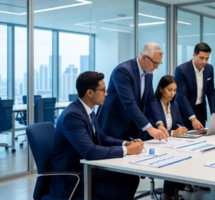 Modern professional workspace with financial reports and laptop