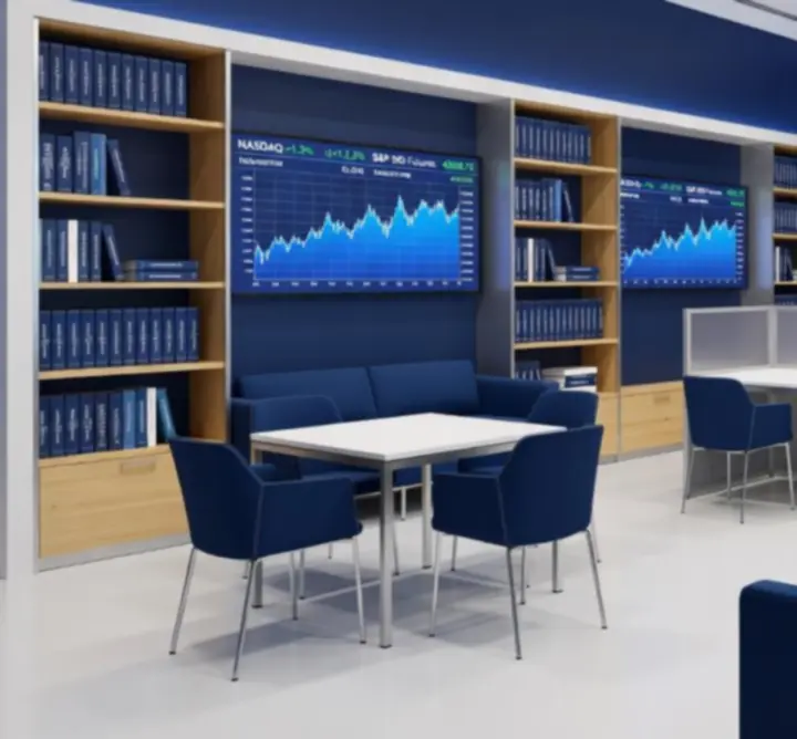 Modern office library with neatly organised binders and reports