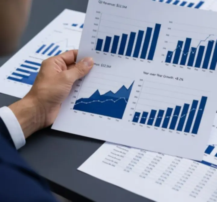 Financial documents, charts, and a calculator on a desk